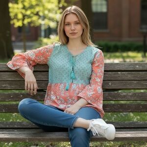 Tolani Tatiana Bloom Kimono Tunic Boho Top, 3/4 Sleeve Size L